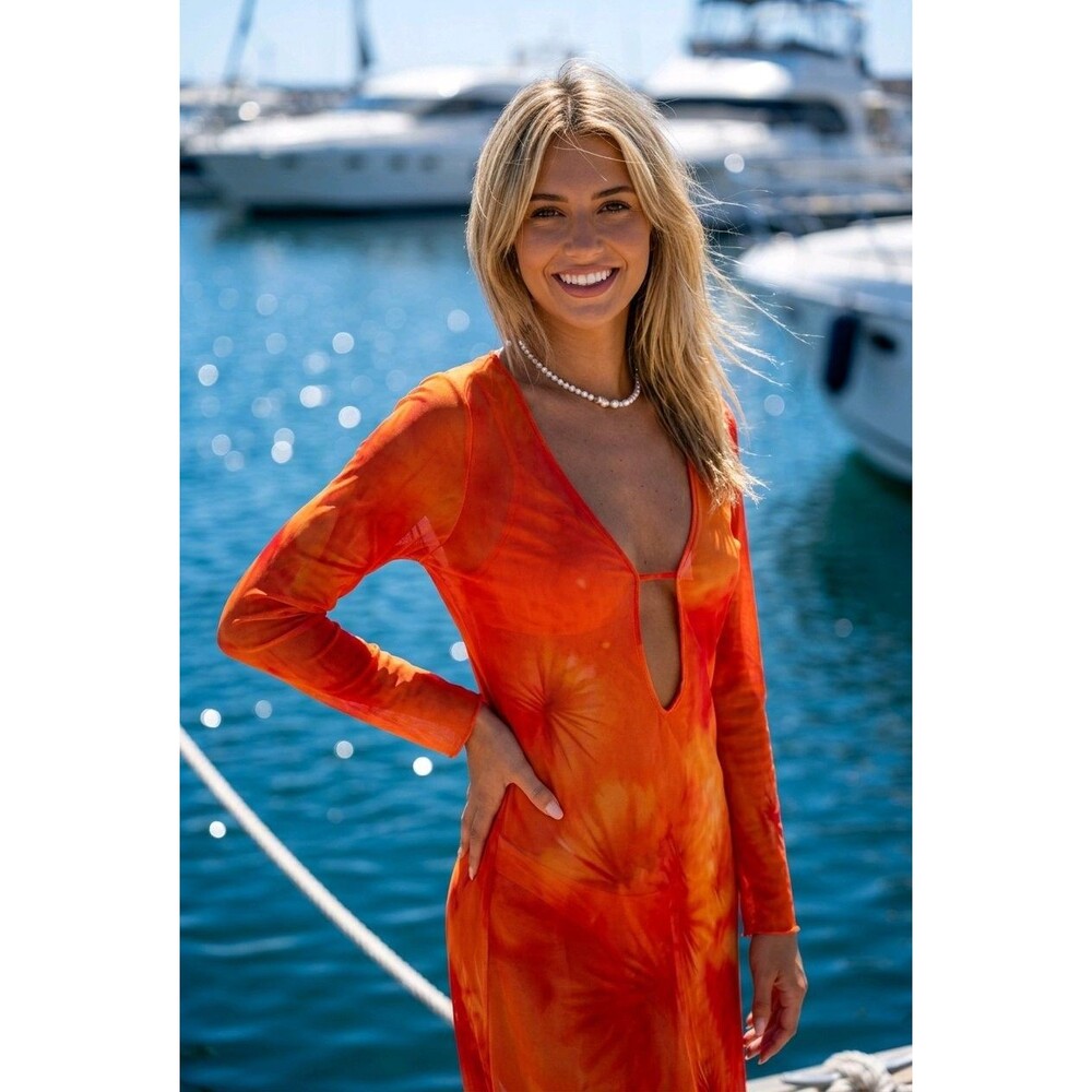 CAROLINE CONSTAS Mesh Midi Dress Cover Up M Orange with Red & Yellow Tie‑Dye New - Picture 3 of 13